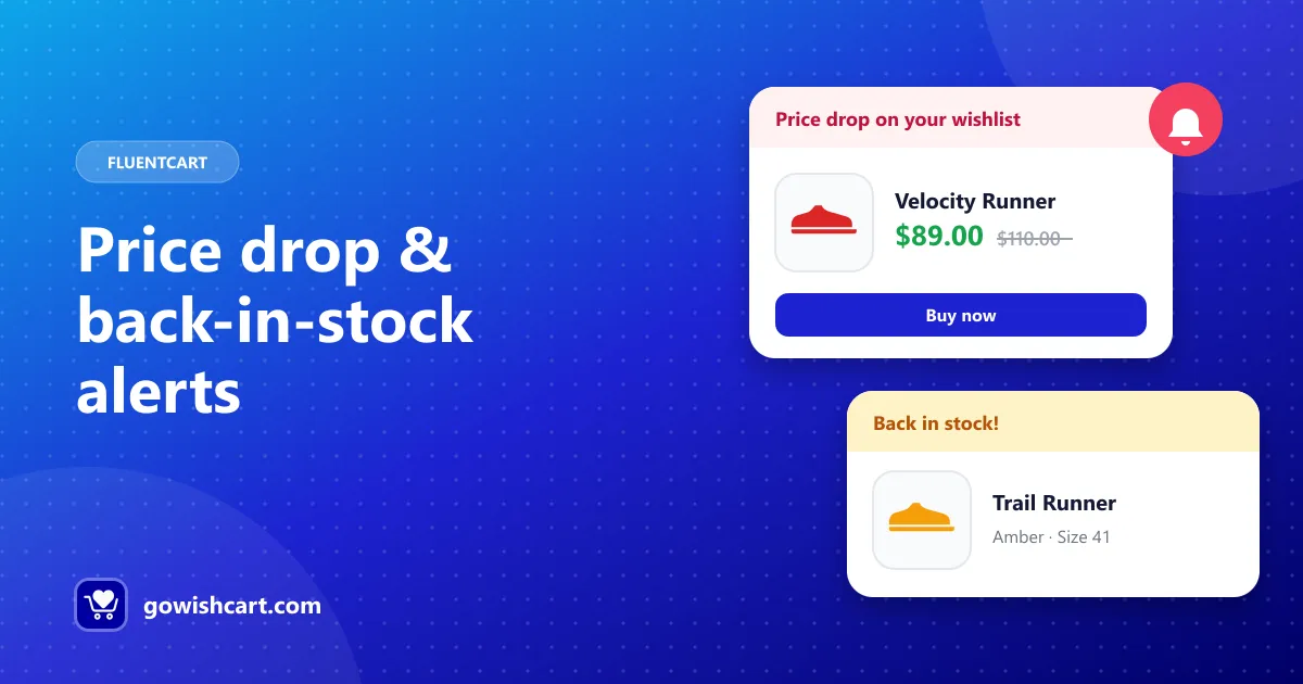 Two email alerts: a price drop on running shoes and a back-in-stock notice